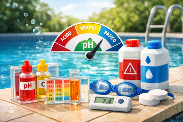 Misurazione del pH della piscina con kit di analisi, scala colori e misuratore digitale a bordo piscina.