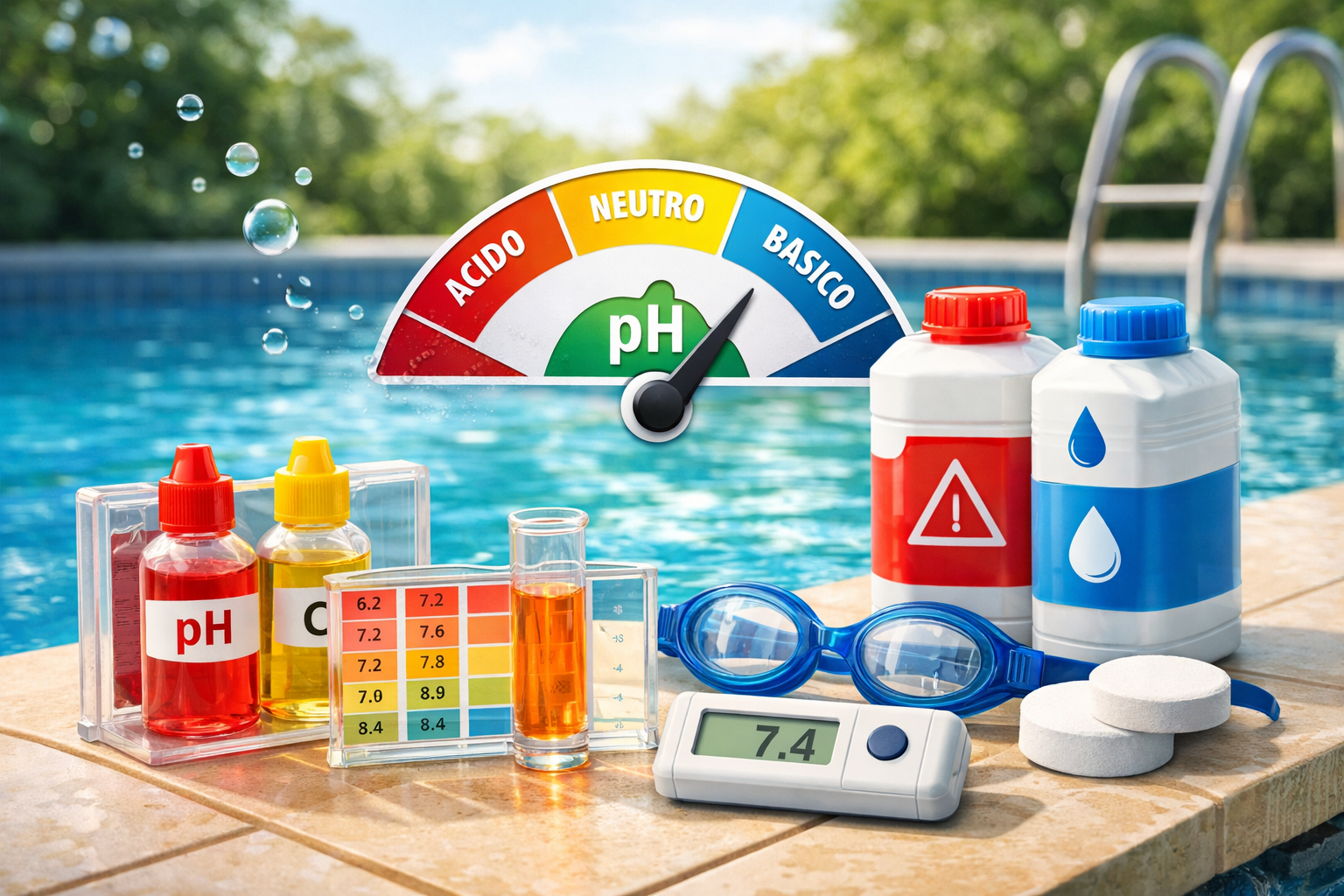 Misurazione del pH della piscina con kit di analisi, scala colori e misuratore digitale a bordo piscina.