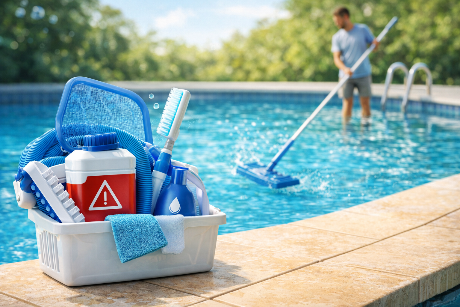 Pulizia della piscina con retino, spazzole e asta telescopica per la manutenzione del fondo.