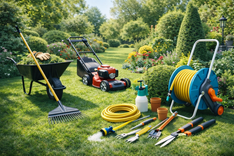 Manutenzione del giardino con attrezzi da giardinaggio, prato curato e siepi potate.